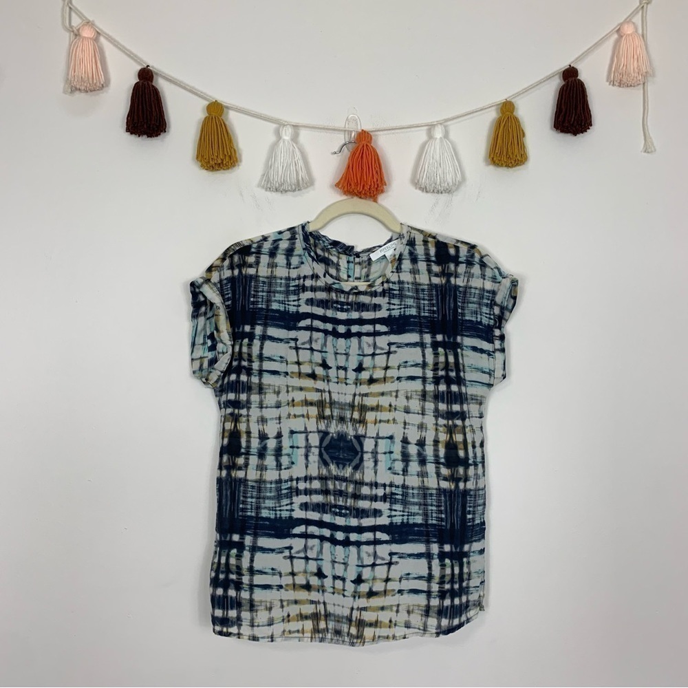 Piperlime Silk Blue Yellow Watercolor Pattern Blouse Size XS